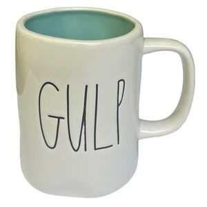 Rae Dunn GULP Mug White Teal Interior Black Large Letter Dimples NWT 2017 OG